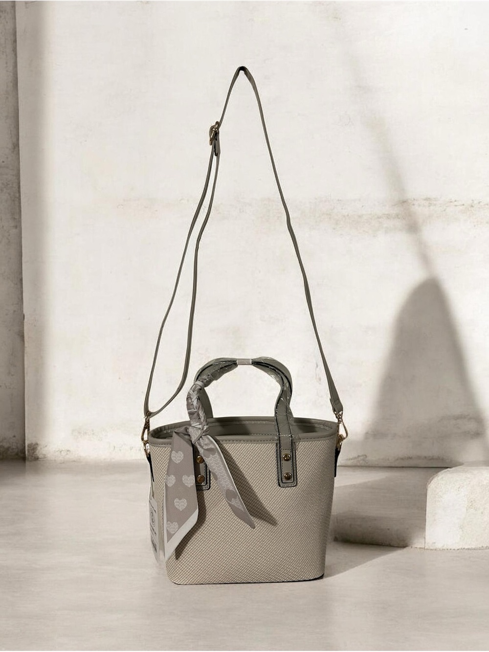 Elegant Neutral Crossbody Bucket Bag with Scarf Accent